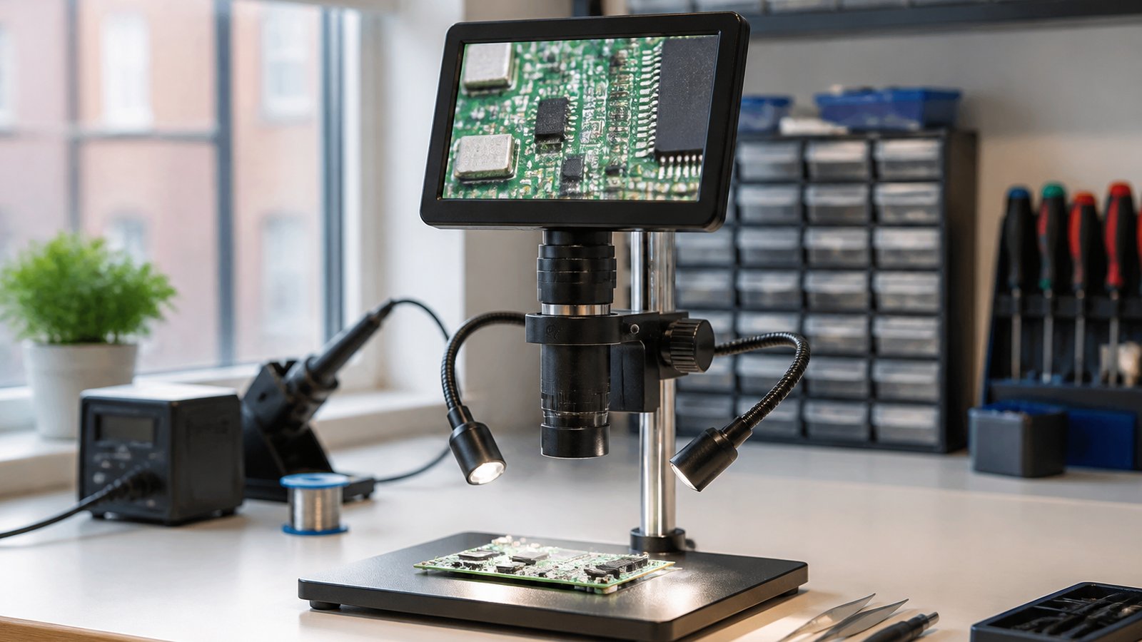 Seven-inch HDMI soldering microscope on a UK workbench