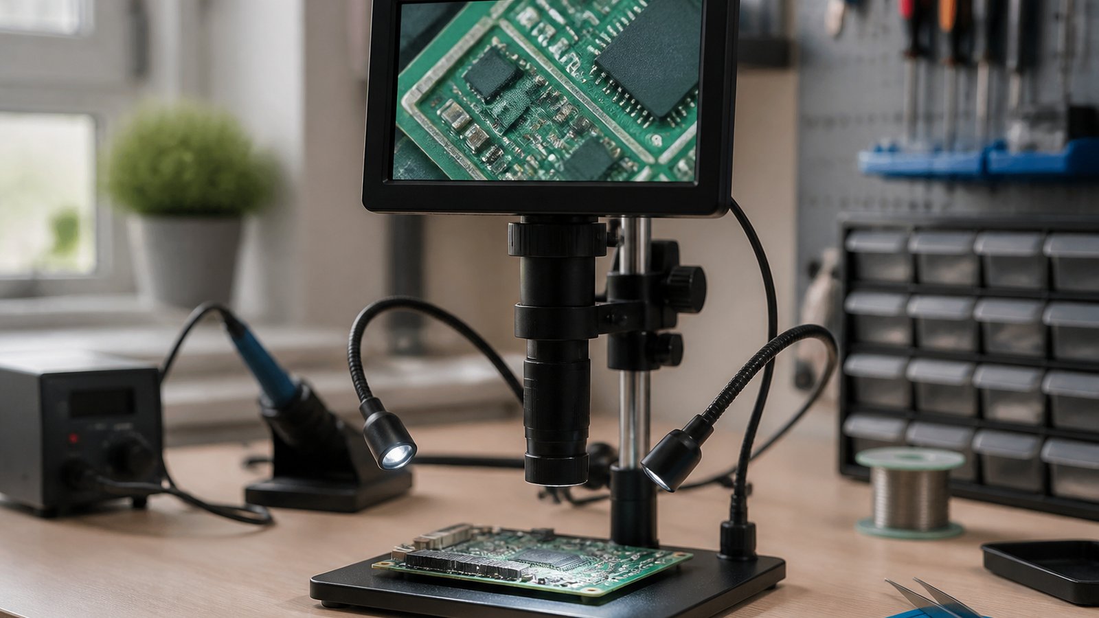 Seven-inch HDMI soldering microscope on a UK workbench