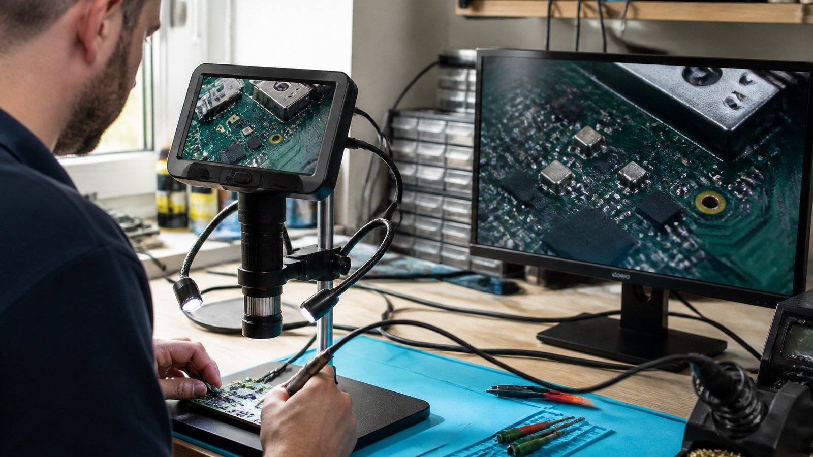 Bench microscope linked to a secondary repair monitor