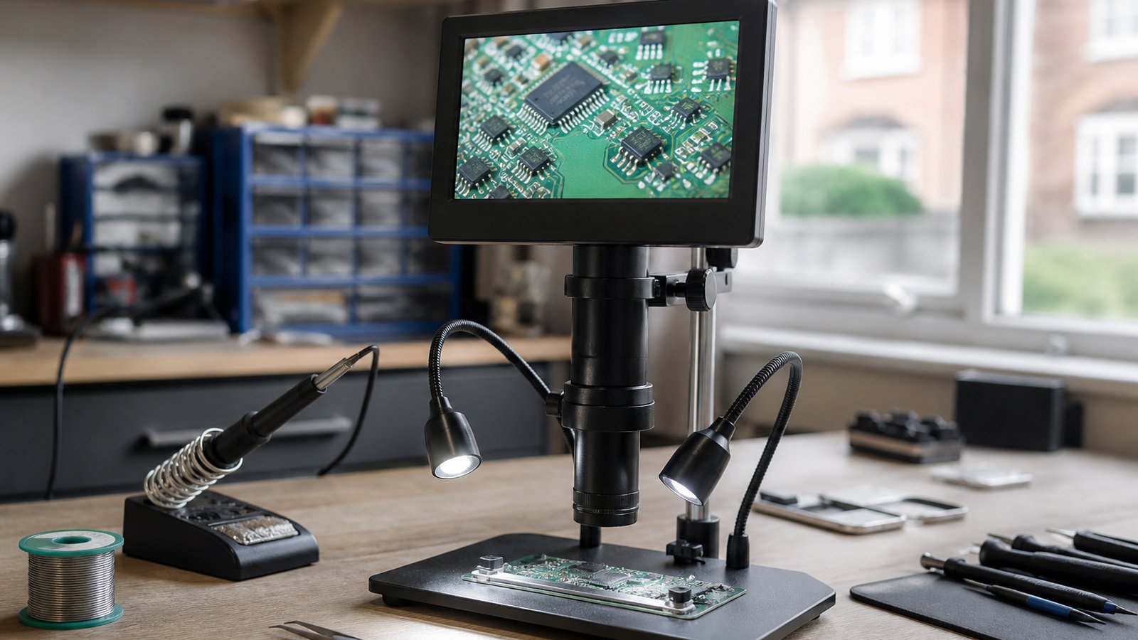 First setup of a digital soldering microscope on a bench