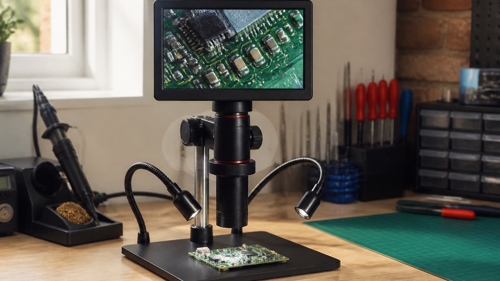 Seven-inch HDMI soldering microscope on a UK workbench