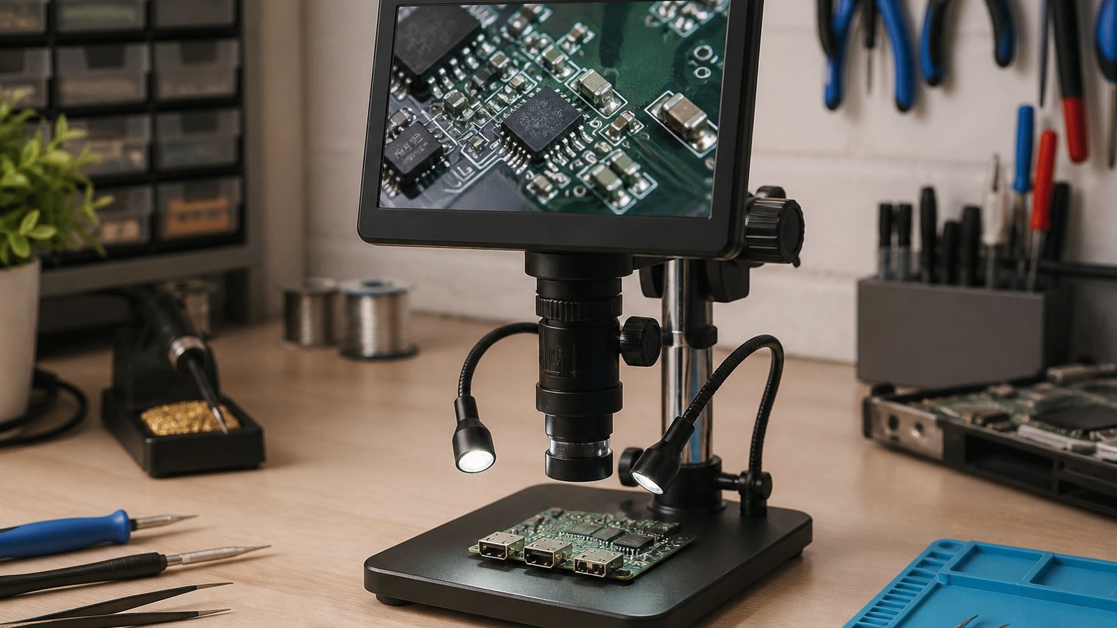 Seven-inch HDMI soldering microscope on a UK workbench