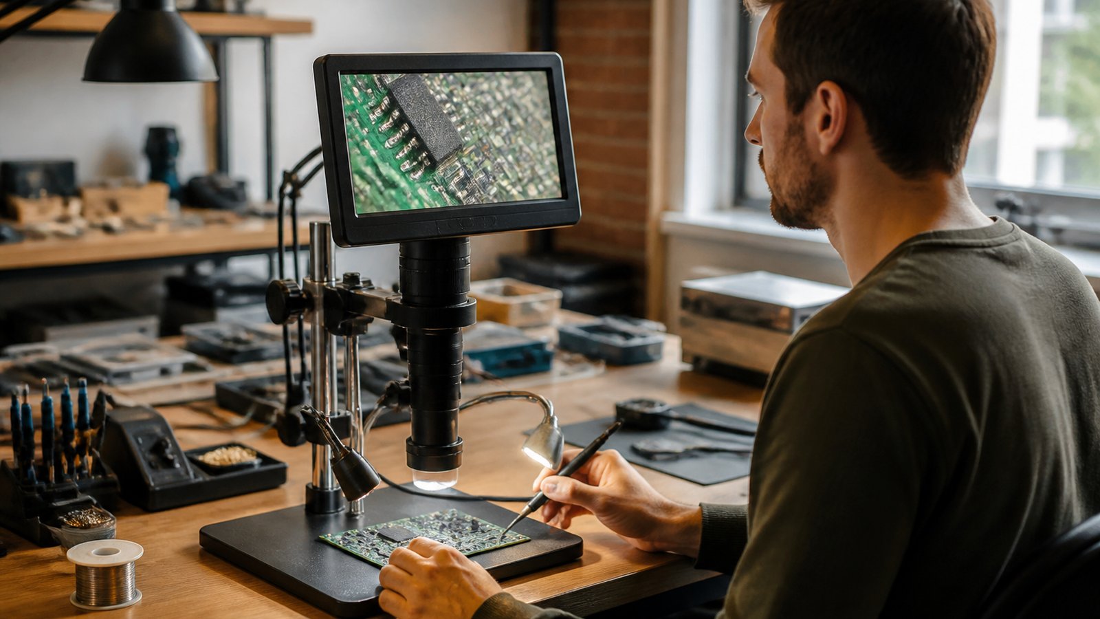 Technician viewing a bench soldering microscope screen upright
