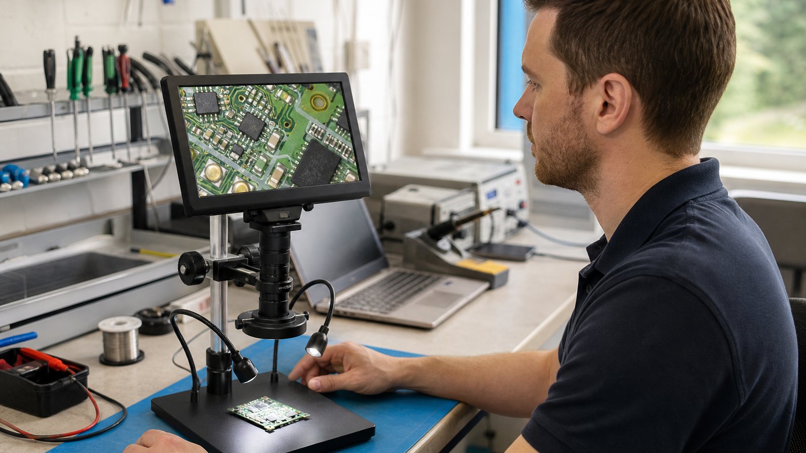Technician viewing a bench soldering microscope screen upright